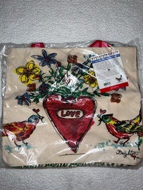 Brighton Canvas Love Tweet Tote with Red Heart, Multicolor Floral & Birds
